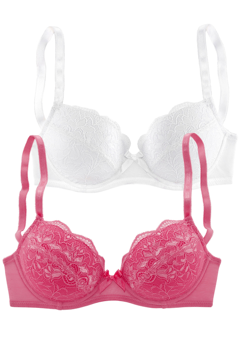 Bild: Balconette-BH von petite fleur by Lascana: Petite Fleur: Balconnet-BH im 2er-Pack. Leicht wattierte Cups mit Schale auf Formbügel gearbeitet. Mit schöner Stickereispitze. Schleifenaccessoire in der vorderen Mitte. Rücken aus Netzmaterial. Sexy Dessous. Spitzen-Dessous. Romantische Dessous. Verspielte Dessous. Träger und Rückenverschluss verstellbar. aus 90% Polyamid, 10% Elasthan.