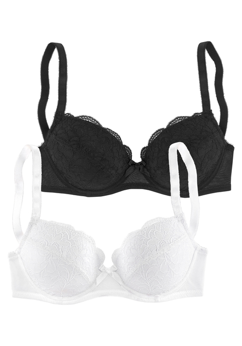 Bild: Balconette-BH von petite fleur by Lascana: Petite Fleur: Balconnet-BH im 2er-Pack. Leicht wattierte Cups mit Schale auf Formbügel gearbeitet. Mit schöner Stickereispitze. Schleifenaccessoire in der vorderen Mitte. Rücken aus Netzmaterial. Sexy Dessous. Spitzen-Dessous. Romantische Dessous. Verspielte Dessous. Träger und Rückenverschluss verstellbar. aus 90% Polyamid, 10% Elasthan.