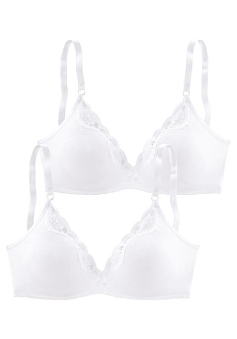 Bild: Bralette-BH von petite fleur by Lascana: Der BH ohne Bügel von Petite Fleur verbindet Beqemlichkeit mit fraulicher Optik. Er ist aus weicher, anschmiegsamer Baumwolle gefertigt, die sich angenehm trägt. Die nahtlos vorgeformten, ungefütterten Cups des Bralettes sind an der Cupkante mit zarter Jacquardspitze verziert. Besonders zierliche Schnittform in leichter Triangel Optik und schmales Rückteil. Im günstigen Doppelpack erhältlich. Träger und Rückenverschluss sind verstellbar. Besonders für kleine Größen geeignet. Der BH ist aus 90% Baumwolle, 5% Polyamid, 5% Elasthan.