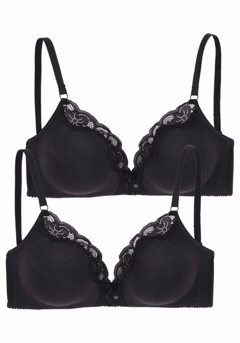 Bild: Bralette-BH von petite fleur by Lascana: Der BH ohne Bügel von Petite Fleur verbindet Beqemlichkeit mit fraulicher Optik. Er ist aus weicher, anschmiegsamer Baumwolle gefertigt, die sich angenehm trägt. Die nahtlos vorgeformten, ungefütterten Cups des Bralettes sind an der Cupkante mit zarter Jacquardspitze verziert. Besonders zierliche Schnittform in leichter Triangel Optik und schmales Rückteil. Im günstigen Doppelpack erhältlich. Träger und Rückenverschluss sind verstellbar. Besonders für kleine Größen geeignet. Der BH ist aus 90% Baumwolle, 5% Polyamid, 5% Elasthan.