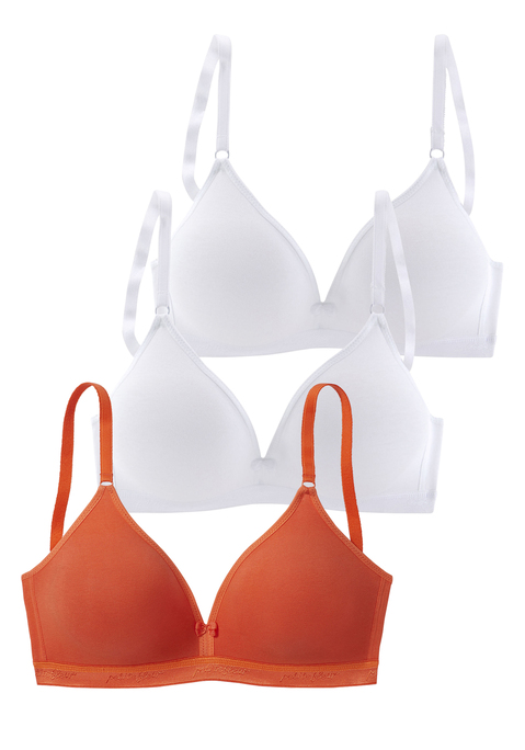Bild: Bralette-BH von petite fleur by Lascana: Jetzt bestellen! Vielseitige Basics für jede Gelegenheit. Bralette-BH im 3er-Pack: 2x weiß, 1x mandarine. Nahtlos vorgeformte Cups (ohne Wattierung). Breites Unterbrustband mit eingewebtem »Petite Fleur«.  Im Triangel-Schnitt. Träger und Rückenverschluss verstellbar.  Besonders für kleine Größen geeignet. Der BH ist aus 75% Baumwolle, 15% Elasthan, 10% Polyester.
