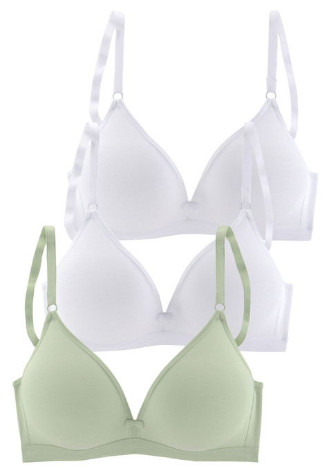 Bild: Bralette-BH von petite fleur by Lascana: Jetzt bestellen! Vielseitige Basics für jede Gelegenheit. Bralette-BH im 3er-Pack: 2x weiß, 1x mint. Nahtlos vorgeformte Cups ohne Wattierung. Im Triangel-Schnitt. Breites Unterbrustband mit eingewebtem »Petite Fleur«- Schriftzug. Träger und Rückenverschluss verstellbar. Besonders für kleine Größen geeignet  Der BH ist aus 75% Baumwolle, 15% Elasthan, 10% Polyester.
