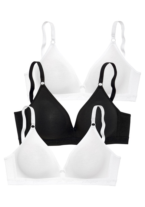 Bild: Bralette-BH von petite fleur by Lascana: PETITE FLEUR: Bralette-BH im 3er-Pack. Nahtlos vorgeformte Cups ohne Wattierung. Im Triangel-Schnitt. Breites Unterbrustband mit eingewebtem »petite fleur«-Schriftzug. Träger und Rückenverschluss verstellbar. Besonders für kleine Größen geeignet. Aus 75% Baumwolle, 15% Elasthan, 10% Polyester.