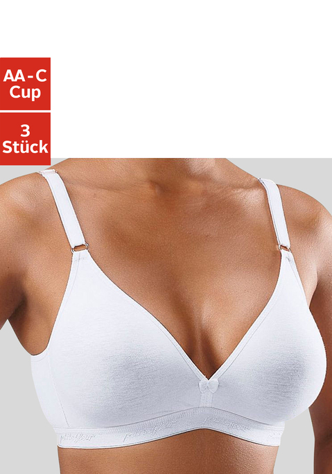 Bild: Bralette-BH von petite fleur by Lascana: PETITE FLEUR: Bralette-BH im 3er-Pack. Nahtlos vorgeformte Cups ohne Wattierung. Im Triangel-Schnitt. Breites Unterbrustband mit eingewebtem »petite fleur«-Schriftzug. Träger und Rückenverschluss verstellbar. Besonders für kleine Größen geeignet. Aus 75% Baumwolle, 15% Elasthan, 10% Polyester.