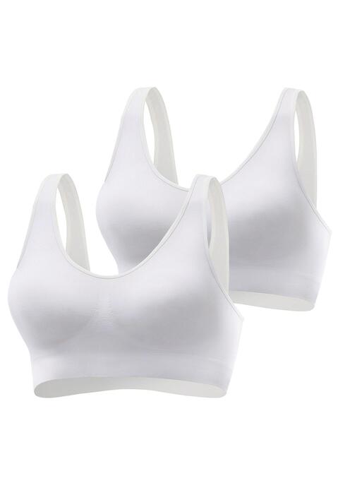 Bild: Bralette-BH von petite fleur by Lascana: Nahtloser Bralette-BH (ohne Wattierung) im 2er-Pack. Eingestrickte Stützzone im Brustbereich. Der BH ist aus 88% Polyamid, 12% Elasthan. BHs sind nicht trocknergeeignet, da die Versteller und Ringe durch die Hitze beschädigt werden und brechen.