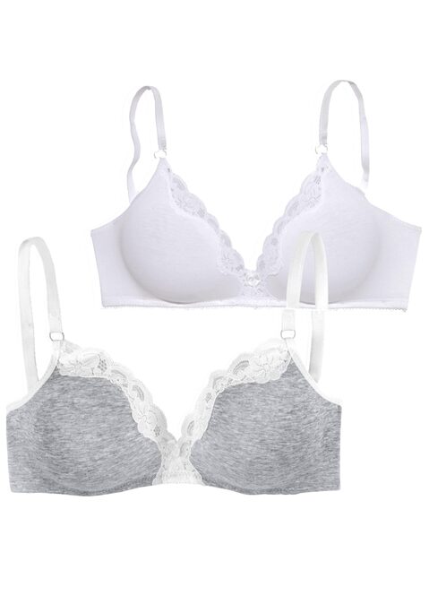 Bild: Bralette-BH von petite fleur by Lascana: Der BH ohne Bügel von Petite Fleur verbindet Beqemlichkeit mit fraulicher Optik. Er ist aus weicher, anschmiegsamer Baumwolle gefertigt, die sich angenehm trägt. Die nahtlos vorgeformten, ungefütterten Cups des Bralettes sind an der Cupkante mit zarter Jacquardspitze verziert. Besonders zierliche Schnittform in leichter Triangel Optik und schmales Rückteil. Im günstigen Doppelpack erhältlich. Träger und Rückenverschluss sind verstellbar. Besonders für kleine Größen geeignet. Der BH ist aus 90% Baumwolle, 5% Polyamid, 5% Elasthan.