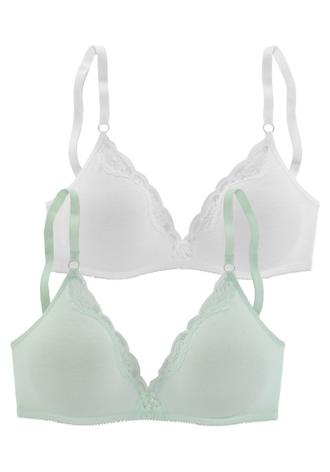 Bild: Bralette-BH von petite fleur by Lascana: Der BH ohne Bügel von Petite Fleur verbindet Beqemlichkeit mit fraulicher Optik. Er ist aus weicher, anschmiegsamer Baumwolle gefertigt, die sich angenehm trägt. Die nahtlos vorgeformten, ungefütterten Cups des Bralettes sind an der Cupkante mit zarter Jacquardspitze verziert. Besonders zierliche Schnittform in leichter Triangel Optik und schmales Rückteil. Im günstigen Doppelpack erhältlich. Träger und Rückenverschluss sind verstellbar. Besonders für kleine Größen geeignet. Der BH ist aus 90% Baumwolle, 5% Polyamid, 5% Elasthan.