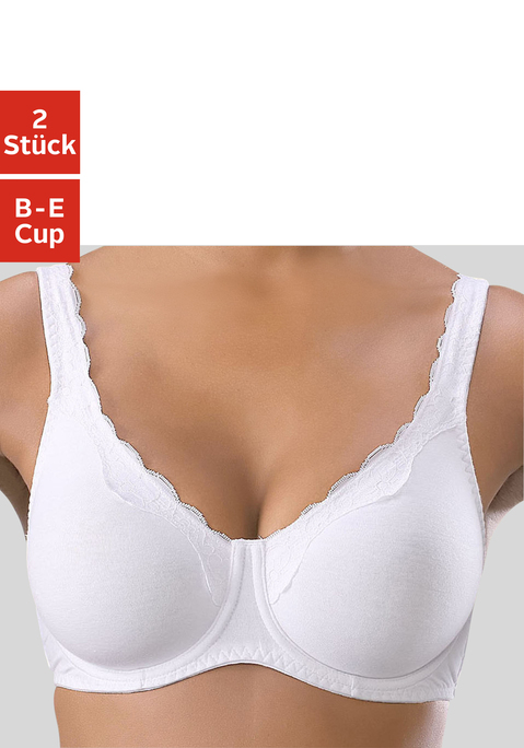 Bild: Bügel-BH von petite fleur by Lascana: Mit nahtlos vorgeformten, doppellagigen Cups (ohne Wattierung). Schönes Spitzenband entlang der Cupkante. Träger und Rückenverschluss verstellbar.  Der Bügel-BH ist aus 85% Baumwolle, 10% Polyamid, 5% Elasthan. BHs sind nicht trocknergeeignet, da die Versteller und Ringe durch die Hitze beschädigt werden und brechen.
