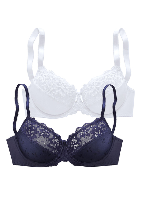 Bild: Bügel-BH von petite fleur by Lascana: Petite Fleur Bügel-BH (ohne Wattierung) im praktischen Doppelpack. Elastische Jacquardspitze im Obercup. Untercup aus Jacquardmaterial. Rücken aus Microtouch-Material. Träger und Rückenverschluss verstellbar. Sexy Dessous. Spitzen-Dessous. Romantische Dessous. Verspielte Dessous. Aus 90% Polyamid, 10% Elasthan. BHs sind nicht trocknergeeignet, da die Versteller und Ringe durch die Hitze beschädigt werden und brechen.