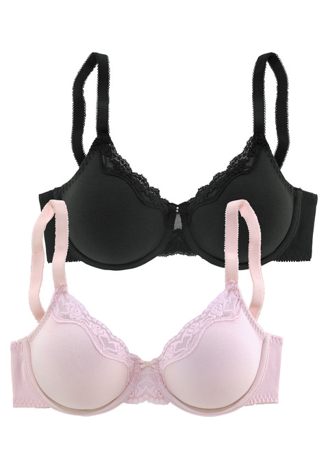 Bild: Bügel-BH von petite fleur by Lascana: Bügel-BH im 2er-Pack. Mit nahtlos vorgeformten, leicht wattierten Cups und Spitzenkante am Cup. Träger und Rückenverschluss verstellbar.  Aus 87% Baumwolle, 8% Polyamid, 5% Elasthan.