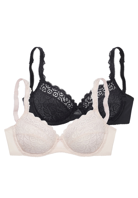 Bild: Bügel-BH von petite fleur by Lascana: Femininer Bügel-BH (ohne Wattierung) von Petite Fleur aus schöner, floraler Spitze. Im praktischen 2er-Pack. Mit dekorativen Trägern. Träger und Rückenverschluss verstellbar. Sexy Dessous. Spitzen-Dessous. Romantische Dessous. Verspielte Dessous. Aus 90% Polyamid, 10% Elasthan