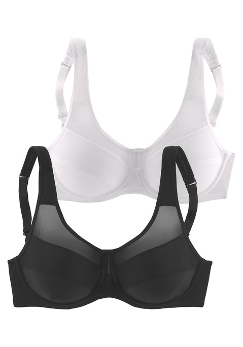 Bild: Bügel-BH von petite fleur by Lascana: Schöner Basic-BH im 2er-Pack in elegant schlichter Optik. Hübscher, leicht transparenter Netzeinsatz im Obercup. Cups (ohne Wattieung) mit formenden Bügeln. Breite, leicht gefütterte Träger für angenehmen Sitz ohne Einschneiden bis in große Größen. Träger und Rückenverschluss verstellbar. Wir verwenden für größere Größen breitere Träger als abgebildet, um ein Einschneiden auf der Schulter zu verhindern. Auch die Rücken- und Verschlussbreiten wachsen mit, um in jeder Größe optimalen Halt und sicheren Sitz zu bieten. Für hohen Tragekomfort sorgen breitere Elastikbänder entlang der Kanten, die dank hochelastischer Nähte nicht einschneiden. Ein rundum bequemer BH für den Alltag. Der Bügel-BH ist aus 90% Polyamid, 10% Elasthan. BHs sind nicht trocknergeeignet, da die Versteller und Ringe durch die Hitze beschädigt werden und brechen.