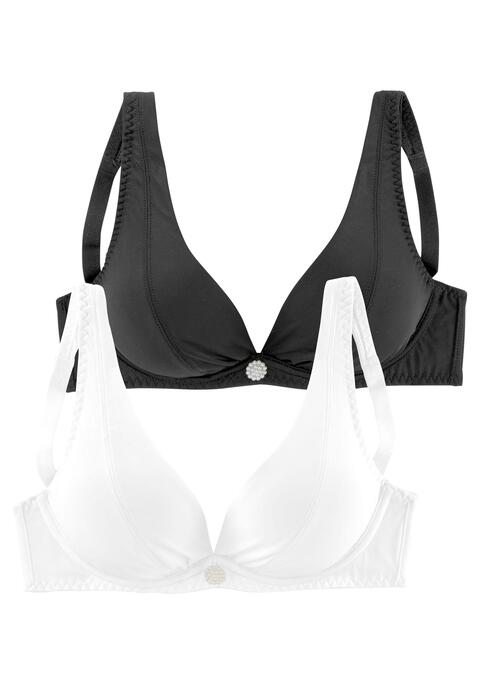 Bild: Bügel-BH von petite fleur by Lascana: Dekolleté-BH mit Bügel im günstigen Doppelpack von Petite Fleur. Mit tiefen, V-förmigen Ausschnitt und leichter Raffung in den Cups (ohne Wattierung). Tolles Schmuck-Accessoire vorne mittig. Breitere, komfortable Träger verhindern ein einschneiden auf den Schultern. Träger und Rückenverschluss verstellbar. Der BH ist aus 87% Polyamid, 13% Elasthan. BHs sind nicht trocknergeeignet, da die Versteller und Ringe durch die Hitze beschädigt werden und brechen.