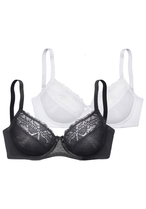 Bild: Bügel-BH von petite fleur by Lascana: Bügel-BH im 2er Pack. Elastische Jacquardspitze im Obercup. Untercup aus fancy Mesh und zart unterlegt.  Rücken aus Trikot. Träger und Rückenverschluss verstellbar. Aus 88% Polyamid, 12% Elasthan.