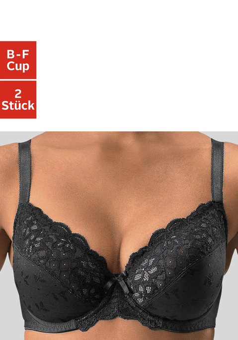 Bild: Bügel-BH von petite fleur by Lascana: Petite Fleur Bügel-BH (ohne Wattierung) im praktischen Doppelpack. Elastische Jacquardspitze im Obercup. Untercup aus Jacquardmaterial. Rücken aus Microtouch-Material. Träger und Rückenverschluss verstellbar. Sexy Dessous. Spitzen-Dessous. Romantische Dessous. Verspielte Dessous. Aus 90% Polyamid, 10% Elasthan. BHs sind nicht trocknergeeignet, da die Versteller und Ringe durch die Hitze beschädigt werden und brechen.