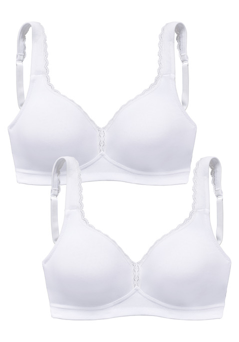 Bild: Entlastungs-BH von petite fleur by Lascana: Im 2er-Pack- Mit nahtlos vorgeformten Cups und Spitzenband entlang der Cupkante. Breitere, leicht gefütterte Träger. Träger und Rückenverschluss verstellbar. Aus 93% Baumwolle, 7% Elasthan.