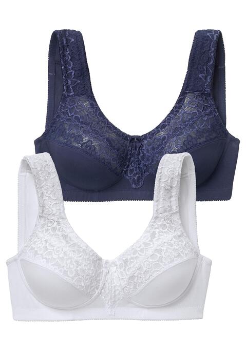 Bild: Entlastungs-BH von petite fleur by Lascana: PETITE FLEUR: Entlastungs-BH (ohne Wattierung) ohne Bügel im 2er Pack. Schöne Spitze am Obercup und an den breiten, gepolsterten Trägern. Kompakte Form für mehr Tragekomfort. Rückenverschluss verstellbar. Aus 55% Baumwolle, 40% Polyamid, 5% Elasthan gefertigt. Klassische Dessous. Bequeme Alltags-Dessous. Modische Dessous. BHs sind nicht trocknergeeignet, da die Versteller und Ringe durch die Hitze beschädigt werden und brechen.