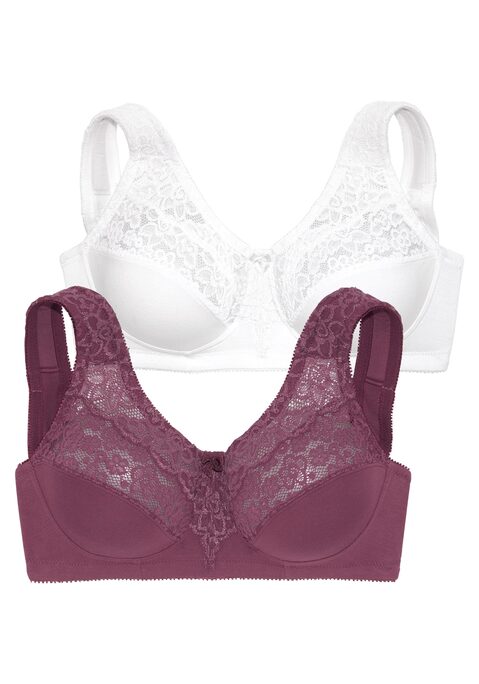 Bild: Entlastungs-BH von petite fleur by Lascana: PETITE FLEUR: Entlastungs-BH (ohne Wattierung) ohne Bügel im 2er Pack. Schöne Spitze am Obercup und an den breiten, gepolsterten Trägern. Kompakte Form für mehr Tragekomfort. Rückenverschluss verstellbar. Aus 55% Baumwolle, 40% Polyamid, 5% Elasthan gefertigt. Klassische Dessous. Bequeme Alltags-Dessous. Modische Dessous. BHs sind nicht trocknergeeignet, da die Versteller und Ringe durch die Hitze beschädigt werden und brechen.
