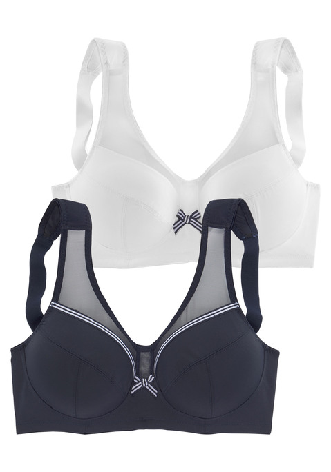 Bild: Entlastungs-BH von petite fleur by Lascana: Ohne Bügel und ohne Wattierung aus angenemen Microtouch-Material. Gestreiftes Zierband und Netzeinsatz am Obercup. Optimale Passform mit seitlicher Stütze sorgt für Halt. Breitere, gefütterte Träger sorgen für angenehmen Tragekomfort und verhindern ein Einschneiden. Träger und Rückenverschluss verstellbar. Der BH ist aus 80% Polyamid, 20% Elasthan. BHs sind nicht trocknergeeignet, da die Versteller und Ringe durch die Hitze beschädigt werden und brechen.