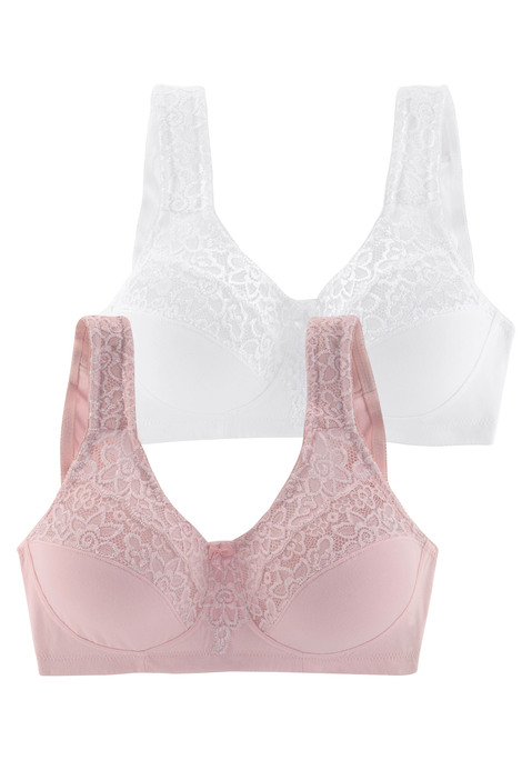 Bild: Entlastungs-BH von petite fleur by Lascana: PETITE FLEUR: Entlastungs-BH (ohne Wattierung) ohne Bügel im 2er Pack. Schöne Spitze am Obercup und an den breiten, gepolsterten Trägern. Kompakte Form für mehr Tragekomfort. Rückenverschluss verstellbar. Aus 55% Baumwolle, 40% Polyamid, 5% Elasthan gefertigt. Klassische Dessous. Bequeme Alltags-Dessous. Modische Dessous. BHs sind nicht trocknergeeignet, da die Versteller und Ringe durch die Hitze beschädigt werden und brechen.
