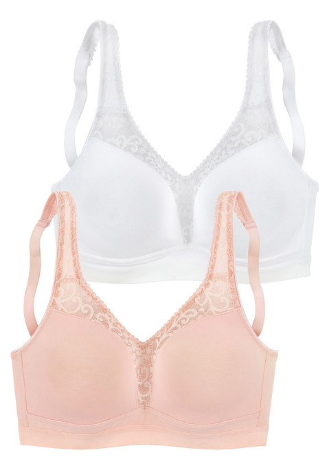 Bild: Entlastungs-BH von petite fleur by Lascana: Femininer Entlastungs-BH (ohne Wattierung) im attraktiven Doppelpack. Mit feinen Spitzeneinsätzen am Obercup. Aus angenehmer Baumwolle. Individuell verstellbare, wattierte Träger und Rückenverschluss. Mit Liebe & Leidenschaft in Hamburg kreiert. Obermaterial: 80% Baumwolle, 11% Polyamid, 9% Elasthan.