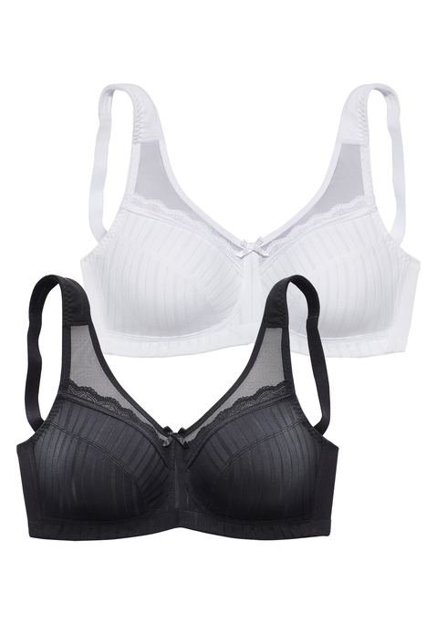 Bild: Entlastungs-BH von petite fleur by Lascana: Klassischer Entlastungs-BH aus floraler Spitze und feinem Soft Mesh (ohne Wattierung). Breite gefütterte Träger entlasten die Schultern für maximalen Tragekomfort. Kommt im attraktiven Doppelpack. Individuell verstellbare Träger und Rückenverschluss. Mit Liebe & Leidenschaft in Hamburg kreiert. Obermaterial: 45% Polyamid, 40% Baumwolle, 15% Elasthan.