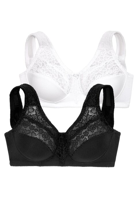 Bild: Entlastungs-BH von petite fleur by Lascana: PETITE FLEUR: Entlastungs-BH (ohne Wattierung) ohne Bügel im 2er Pack. Schöne Spitze am Obercup und an den breiten, gepolsterten Trägern. Kompakte Form für mehr Tragekomfort. Rückenverschluss verstellbar. Aus 55% Baumwolle, 40% Polyamid, 5% Elasthan gefertigt. Klassische Dessous. Bequeme Alltags-Dessous. Modische Dessous. BHs sind nicht trocknergeeignet, da die Versteller und Ringe durch die Hitze beschädigt werden und brechen.