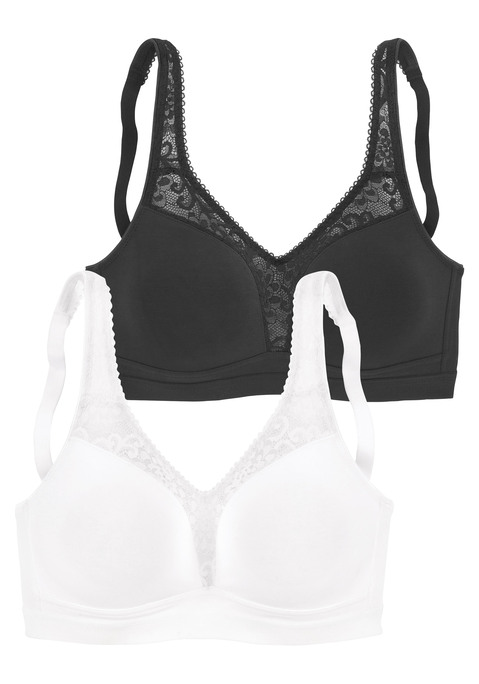 Bild: Entlastungs-BH von petite fleur by Lascana: Femininer Entlastungs-BH (ohne Wattierung) im attraktiven Doppelpack. Mit feinen Spitzeneinsätzen am Obercup. Aus angenehmer Baumwolle. Individuell verstellbare, wattierte Träger und Rückenverschluss. Mit Liebe & Leidenschaft in Hamburg kreiert. Obermaterial: 80% Baumwolle, 11% Polyamid, 9% Elasthan.