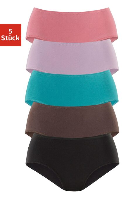 Bild: Hüftslip von petite fleur by Lascana: Perfekt für jeden Tag: Basic-Hüftslips von Petite Fleur im farblich sortierten 5er-Pack. Hohe Leibhöhe und gemäßigter Beinausschnitt. Extraweiches Bündchen.  Weiche Stretchqualität aus Baumwolle.