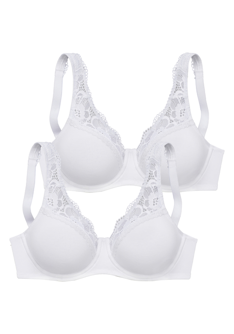 Bild: Minimizer-BH von petite fleur by Lascana: Femininer Minimizer-BH mit Bügel und breiten, leicht wattierten Trägern. Aus weicher Baumwollmischung und elastischer, floraler Spitze. Besondere Schnittführung verkleinert optisch die Büste. Nahtlos vorgeformte Cups (ohne Wattierung) auf Formbügel gearbeitet. Individuell verstellbare Träger sowie Rückenverschluss. Aus 75% Baumwolle, 18% Polyamid, 7% Elasthan.
