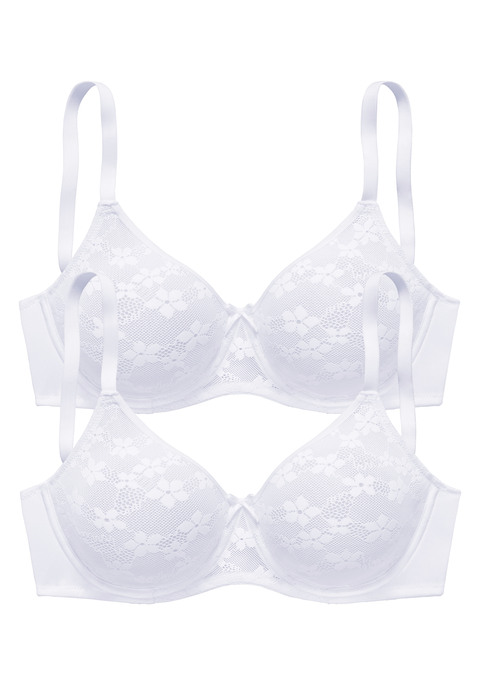 Bild: Minimizer-BH von petite fleur by Lascana: Femininer Minimizer-BH mit Bügel und feiner Zierschleife vorne mittig. Besondere Schnittführung verkleinert optisch die Büste. Gemoldete Cups (ohne Wattierung) aus zarter Spitze im Blumen-Design. Individuell verstellbare Träger sowie Rückenverschluss. Im attraktiven Doppelpack. Aus 85% Polyamid, 15% Elasthan.