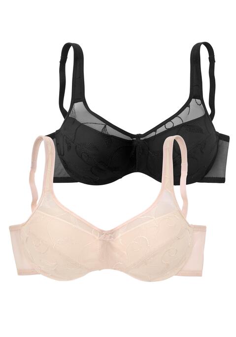 Bild: Minimizer-BH von petite fleur by Lascana: PETITE FLEUR: Minimizer-BH (ohne Wattierung) im 2er-Pack mit Bügel. Mit Stickereispitze. Durch die besondere Schnittführung wirkt die Büste optisch kleiner. Breitere Träger für einen komfortablen Halt. Träger und Rückenverschluss verstellbar.  Aus 90% Polyamid, 10% Elasthan. BHs sind nicht trocknergeeignet, da die Versteller und Ringe durch die Hitze beschädigt werden und brechen.