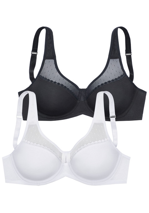 Bild: Minimizer-BH von petite fleur by Lascana: Femininer Minimizer-BH mit Bügel aus weicher Baumwollqualität. Nahtlos vorgeformte, doppellagige Cups (ohne Wattierung). Breite, gefütterte Träger entlasten die Schultern. Individuell verstellbare Träger sowie Rückenverschluss. Im attraktiven Doppelpack. Obermaterial: 82% Baumwolle, 10% Polyamid, 8% Elasthan.