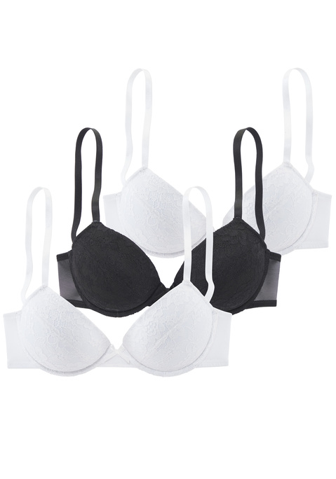 Bild: Push-up-BH von petite fleur by Lascana: Femininer Push-up mit Bügel im attraktiven 3er-Pack. Mit herausnehmbaren Kissen und Formbügel für ein wunderschönes Dekolleté. Cups mit blumiger Spitze überzogen. Individuell verstellbare Träger sowie Rückenverschluss. Passende Unterteile erhältlich, um dein Wäsche-Set zu vervollständigen. Aus 60% Polyamid, 35% Polyester, 5% Elasthan.