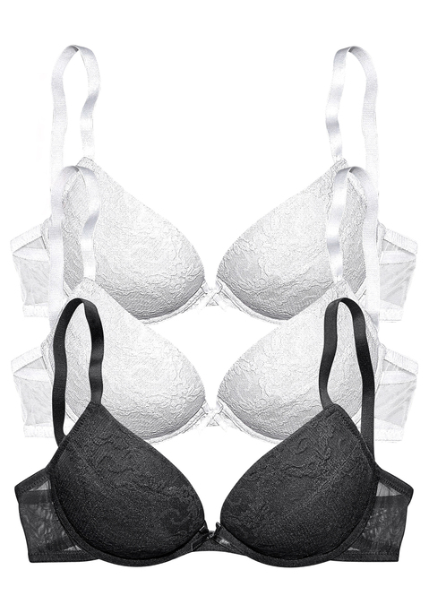 Bild: Push-up-BH von petite fleur by Lascana: Push-up BHs mit herausnehmbaren Push-up Kissen für ein voluminöseres Dekolleté nach Wunsch. Eingearbeitete Formbügel für einen zuverlässigen Halt. Schöne Passform aus trageangenehmer Jacquardspitze. Preisgünstiger Dreierpack - ideal für jeden Tag. Mit Liebe & Leidenschaft in Hamburg kreiert. Sexy Dessous. Spitzen-Dessous. Romantische Dessous. Verspielte Dessous. BHs sind nicht trocknergeeignet, da die Versteller und Ringe durch die Hitze beschädigt werden und brechen. Aus 64% Baumwolle, 31% Polyamid, 5%Elasthan.