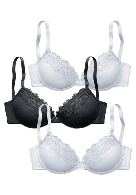 Bild: Push-up-BH von petite fleur by Lascana: Push-up-BH im 3er-Pack von PETITE FLEUR. Mit herausnehmbaren Kissen und elastischer Jacquardspitze an der Cupkante. Träger und Rückenverschluss verstellbar. Aus weichem Microtouch. Sexy Dessous. Spitzen-Dessous. Romantische Dessous. Verspielte Dessous. BHs sind nicht trocknergeeignet, da die Versteller und Ringe durch die Hitze beschädigt werden und brechen. Der BH ist aus 59% Polyester, 19% Baumwolle, 11% Polyamid und 11% Elasthan.