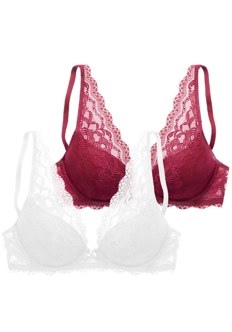 Bild: Push-up-BH von petite fleur by Lascana: Femininer Push-up-BH (mit Bügel) im günstigen Doppelpack. Cups mit herausnehmbaren Kissen & Formbügel - für ein tolles Dekolleté nach Wunsch. Rundum aus floraler Spitze im angesagten High-Apex-Design. Mit feiner Zierschleife in der vorderen Mitte. Individuell verstellbare Träger sowie Rückenverschluss. Aus 60% Polyamid, 35% Polyester, 5% Elasthan.