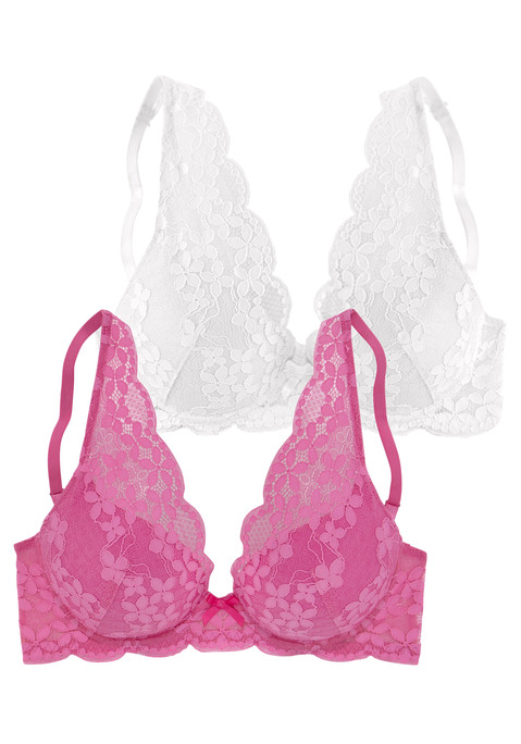 Bild: Push-up-BH von petite fleur by Lascana: Petite Fleur: Push-up-BH im 2er-Pack. In High-Apex-Schnittform auf Formbügel gearbeitet. Mit herausnehmbaren Kissen für ein tolle Dekolletè. Rundum aus schöner Spitze. Schleifenaccessoire in der vorderen Mitte. Träger und Rückenverschluss verstellbar. Sexy Dessous. Spitzen-Dessous. Romantische Dessous. Verspielte Dessous. Aus 60% Polyamid, 35% Polyester, 5% Elasthan.