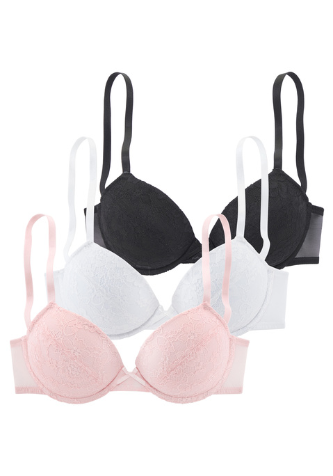 Bild: Push-up-BH von petite fleur by Lascana: Femininer Push-up mit Bügel im attraktiven 3er-Pack. Mit herausnehmbaren Kissen und Formbügel für ein wunderschönes Dekolleté. Cups mit blumiger Spitze überzogen. Individuell verstellbare Träger sowie Rückenverschluss. Passende Unterteile erhältlich, um dein Wäsche-Set zu vervollständigen. Aus 60% Polyamid, 35% Polyester, 5% Elasthan.