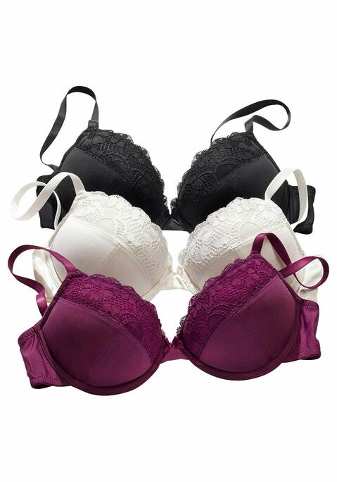 Bild: Push-up-BH von petite fleur by Lascana: Push-up-BH im 3er-Pack von PETITE FLEUR. Mit herausnehmbaren Kissen und elastischer Jacquardspitze an der Cupkante. Träger und Rückenverschluss verstellbar. Aus weichem Microtouch. Sexy Dessous. Spitzen-Dessous. Romantische Dessous. Verspielte Dessous. BHs sind nicht trocknergeeignet, da die Versteller und Ringe durch die Hitze beschädigt werden und brechen. Der BH ist aus 59% Polyester, 19% Baumwolle, 11% Polyamid und 11% Elasthan.