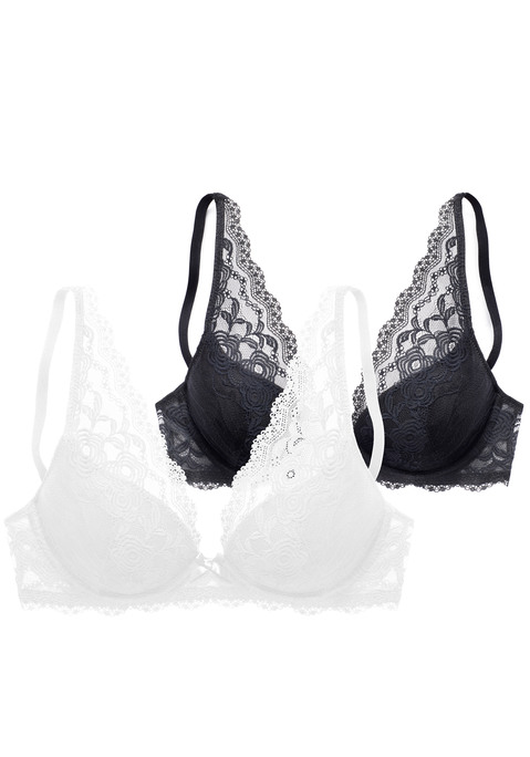 Bild: Push-up-BH von petite fleur by Lascana: Femininer Push-up-BH (mit Bügel) im günstigen Doppelpack. Cups mit herausnehmbaren Kissen & Formbügel - für ein tolles Dekolleté nach Wunsch. Rundum aus floraler Spitze im angesagten High-Apex-Design. Mit feiner Zierschleife in der vorderen Mitte. Individuell verstellbare Träger sowie Rückenverschluss. Aus 60% Polyamid, 35% Polyester, 5% Elasthan.