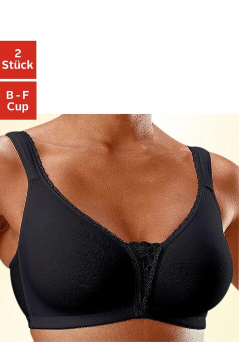 Bild: Soft-BH von petite fleur by Lascana: Ohne Bügel. Mit nahtlos vorgeformten, leicht wattierten Material. Breite, gefütterte Träger für einen guten Halt. Schöner Spitzeneinsatz in der vorderen Mitte. Träger und Rückenverschluss verstellbar. Der BH ist aus 90% Baumwolle, 5% Polyamid, 5% Elasthan. BHs sind nicht trocknergeeignet, da die Versteller und Ringe durch die Hitze beschädigt werden und brechen.