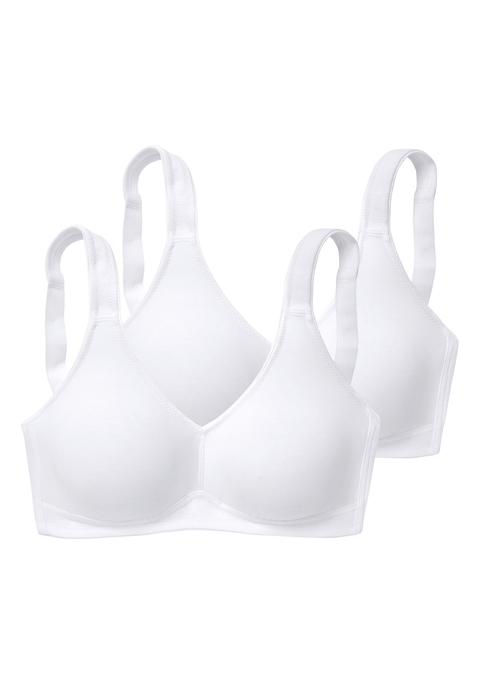 Bild: Soft-BH von petite fleur by Lascana: Toller Basic BH ohne Bügel von Petite Fleur im Doppelpack. Die nahtlos vorgeformten, unwattierten Cups schmiegen sich sanft an und sind ideal für eng anliegende Kleidung, da sich nichts abzeichnet. Die breiteren Träger geben verlässlichen Halt und verhindern ein unangenehmes Einschneiden auf den Schultern. Mit steigender Größe ist die Passform auf die jeweiligen besonderen Bedürfnisse abgestimmt, d.h. pro Größe wachsen auch die Rückteile und Verschlussbreiten mit. Für hohen Tragekomfort sorgen breitere Elastikbänder entlang der Kanten, die dank hochelastischer Nähte nicht einschneiden. Träger und Rückenverschluss sind verstellbar.  Aus 95% Baumwolle, 5% Elasthan. <br/><br/> BHs sind nicht trocknergeeignet, da die Versteller und Ringe durch die Hitze beschädigt werden und brechen.