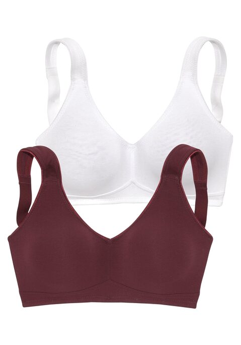 Bild: Soft-BH von petite fleur by Lascana: Toller Basic BH ohne Bügel von Petite Fleur im Doppelpack. Die nahtlos vorgeformten, unwattierten Cups schmiegen sich sanft an und sind ideal für eng anliegende Kleidung, da sich nichts abzeichnet. Die breiteren Träger geben verlässlichen Halt und verhindern ein unangenehmes Einschneiden auf den Schultern. Mit steigender Größe ist die Passform auf die jeweiligen besonderen Bedürfnisse abgestimmt, d.h. pro Größe wachsen auch die Rückteile und Verschlussbreiten mit. Für hohen Tragekomfort sorgen breitere Elastikbänder entlang der Kanten, die dank hochelastischer Nähte nicht einschneiden. Träger und Rückenverschluss sind verstellbar.  Aus 95% Baumwolle, 5% Elasthan. <br/><br/> BHs sind nicht trocknergeeignet, da die Versteller und Ringe durch die Hitze beschädigt werden und brechen.