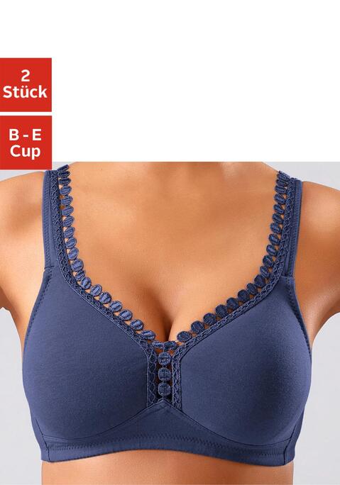 Bild: Soft-BH von petite fleur by Lascana: PETITE FLEUR: BH ohne Bügel im 2er-Pack. Nahtlos vorgeformte, unwattierte Cups. Hübsche Zierkante am Dekolleté. Träger und Rückenverschluss verstellbar. Aus 80% Baumwolle, 15% Viskose, 5% Elasthan. BHs sind nicht trocknergeeignet, da die Versteller und Ringe durch die Hitze beschädigt werden und brechen.