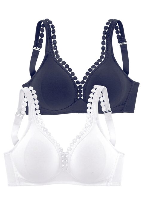 Bild: Soft-BH von petite fleur by Lascana: PETITE FLEUR: BH ohne Bügel im 2er-Pack. Nahtlos vorgeformte, unwattierte Cups. Hübsche Zierkante am Dekolleté. Träger und Rückenverschluss verstellbar. Aus 80% Baumwolle, 15% Viskose, 5% Elasthan. BHs sind nicht trocknergeeignet, da die Versteller und Ringe durch die Hitze beschädigt werden und brechen.