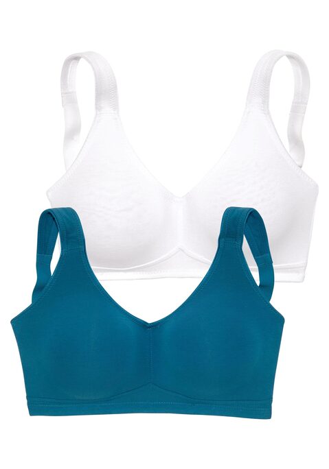 Bild: Soft-BH von petite fleur by Lascana: Toller Basic BH ohne Bügel von Petite Fleur im Doppelpack. Die nahtlos vorgeformten, unwattierten Cups schmiegen sich sanft an und sind ideal für eng anliegende Kleidung, da sich nichts abzeichnet. Die breiteren Träger geben verlässlichen Halt und verhindern ein unangenehmes Einschneiden auf den Schultern. Mit steigender Größe ist die Passform auf die jeweiligen besonderen Bedürfnisse abgestimmt, d.h. pro Größe wachsen auch die Rückteile und Verschlussbreiten mit. Für hohen Tragekomfort sorgen breitere Elastikbänder entlang der Kanten, die dank hochelastischer Nähte nicht einschneiden. Träger und Rückenverschluss sind verstellbar.  Aus 95% Baumwolle, 5% Elasthan. <br/><br/> BHs sind nicht trocknergeeignet, da die Versteller und Ringe durch die Hitze beschädigt werden und brechen.