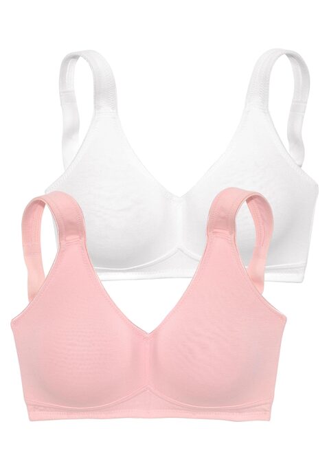 Bild: Soft-BH von petite fleur by Lascana: Toller Basic BH ohne Bügel von Petite Fleur im Doppelpack. Die nahtlos vorgeformten, unwattierten Cups schmiegen sich sanft an und sind ideal für eng anliegende Kleidung, da sich nichts abzeichnet. Die breiteren Träger geben verlässlichen Halt und verhindern ein unangenehmes Einschneiden auf den Schultern. Mit steigender Größe ist die Passform auf die jeweiligen besonderen Bedürfnisse abgestimmt, d.h. pro Größe wachsen auch die Rückteile und Verschlussbreiten mit. Für hohen Tragekomfort sorgen breitere Elastikbänder entlang der Kanten, die dank hochelastischer Nähte nicht einschneiden. Träger und Rückenverschluss sind verstellbar.  Aus 95% Baumwolle, 5% Elasthan. <br/><br/> BHs sind nicht trocknergeeignet, da die Versteller und Ringe durch die Hitze beschädigt werden und brechen.