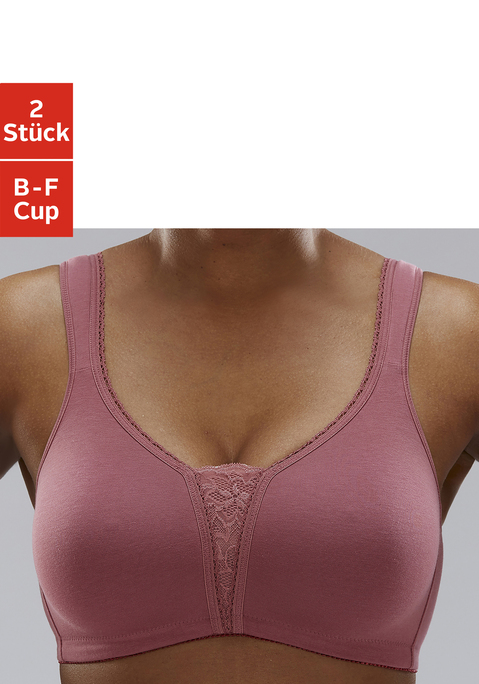 Bild: Soft-BH von petite fleur by Lascana: Ohne Bügel. Mit nahtlos vorgeformten, leicht wattierten Material. Breite, gefütterte Träger für einen guten Halt. Schöner Spitzeneinsatz in der vorderen Mitte. Träger und Rückenverschluss verstellbar. Der BH ist aus 90% Baumwolle, 5% Polyamid, 5% Elasthan. BHs sind nicht trocknergeeignet, da die Versteller und Ringe durch die Hitze beschädigt werden und brechen.