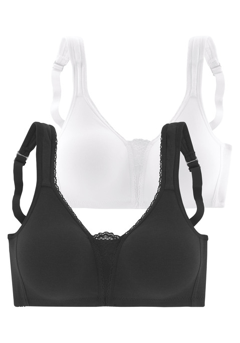 Bild: Soft-BH von petite fleur by Lascana: Ohne Bügel. Mit nahtlos vorgeformten, leicht wattierten Material. Breite, gefütterte Träger für einen guten Halt. Schöner Spitzeneinsatz in der vorderen Mitte. Träger und Rückenverschluss verstellbar. Der BH ist aus 90% Baumwolle, 5% Polyamid, 5% Elasthan. BHs sind nicht trocknergeeignet, da die Versteller und Ringe durch die Hitze beschädigt werden und brechen.